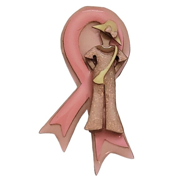 Lucinda Breast Cancer Awareness Pink Ribbon Glitter Woman Lady In Hat Brooch L34 - Picture 7 of 7